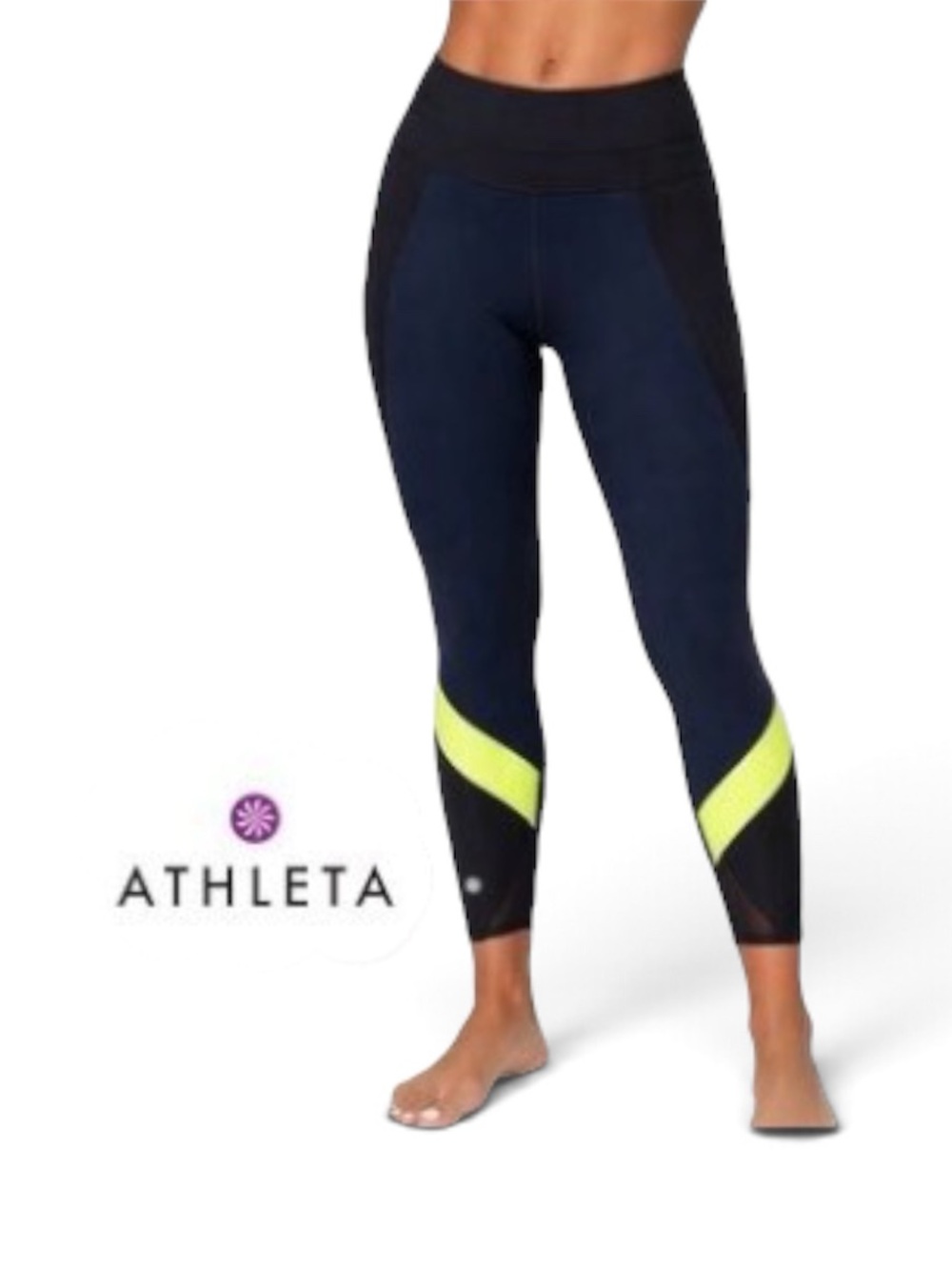 Athleta Spliced Sonar 7/8 Leggings in Navy/Black Accented w/Neon Yellow Sz S